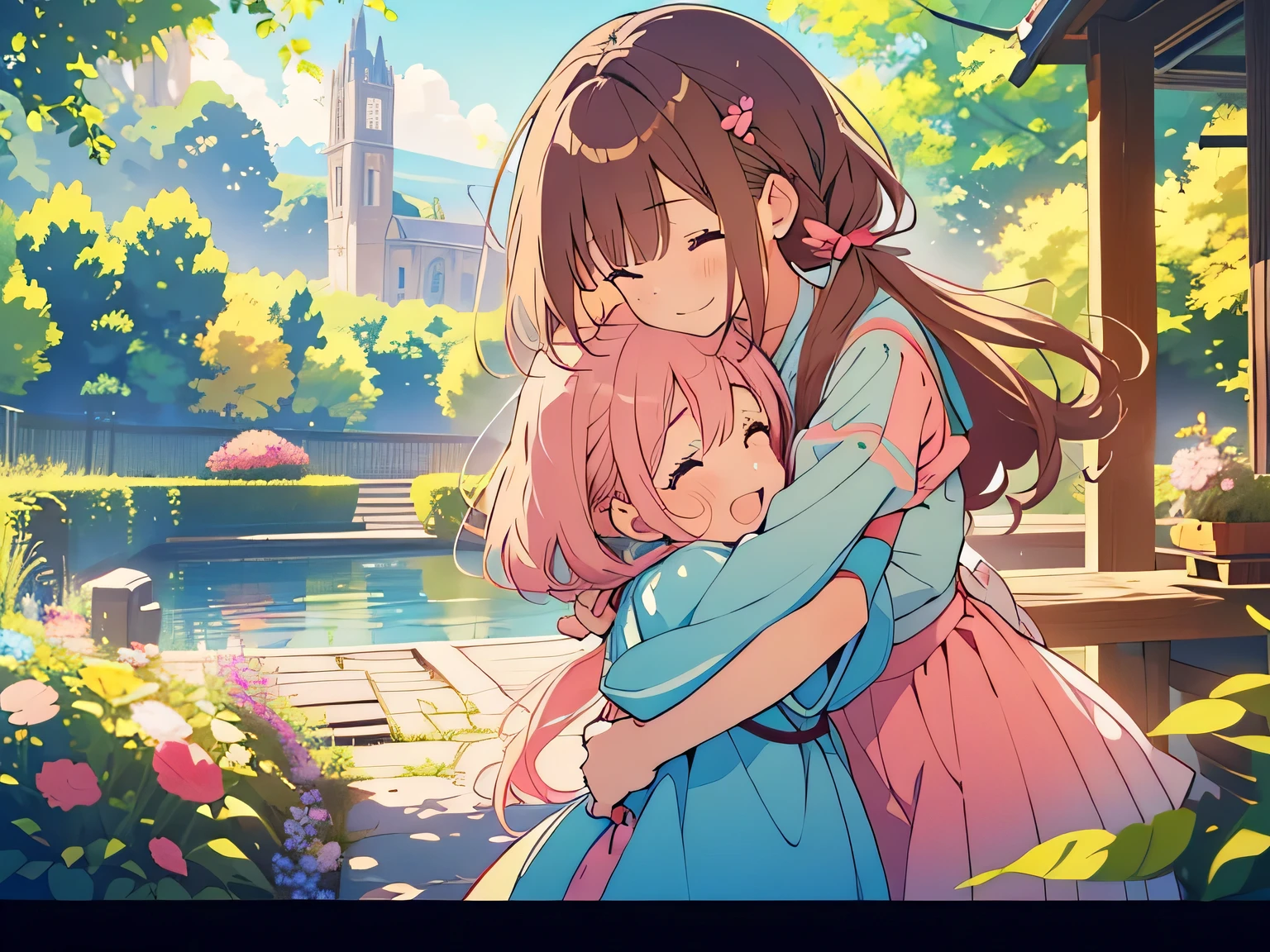 kawaii, anime, Cute, hyper quality, highly detailed, 8k, Clarity, Two girls with brown hair and pink hair, One person has long dark brown hair and green eyes., The other is a young girl with a bright pink short bob and scarlet eyes., Hug each other in Europe's natural water gardens, shed tears, A touching reunion, warm atmosphere, clear blue sky, jump on, whole body, clear air, planted flowers and greenery, Draw facial expressions in detail, highlight on eyes, Close your eyes and cry and laugh, pull perspective, hoodie, Uplifting, jump and hug, Draw the whole body of both of them, light dances, pink hair, Netherlands, pick up a , A small butterfly of light dances, 