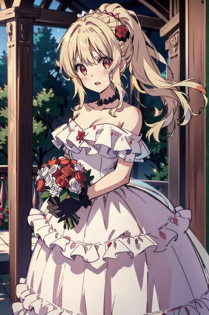 (masterpiece, best quality)
YuiDiabolikLovers, 1girl, solo, long hair, breasts, looking at viewer, open mouth, bangs, blonde hair, red eyes, gloves, dress, ribbon, holding, cleavage, medium breasts, standing, collarbone, ponytail, flower, short sleeves, sidelocks, outdoors, parted lips, choker, day, elbow gloves, white gloves, off shoulder, white dress, red ribbon, strapless, rose, high ponytail, red flower, dark dress, veil, strapless dress, red rose, bouquet, wedding dress, off-shoulder dress, long dress, bridal veil, red choker, ribbon choker, holding bouquet, evil smile 
 