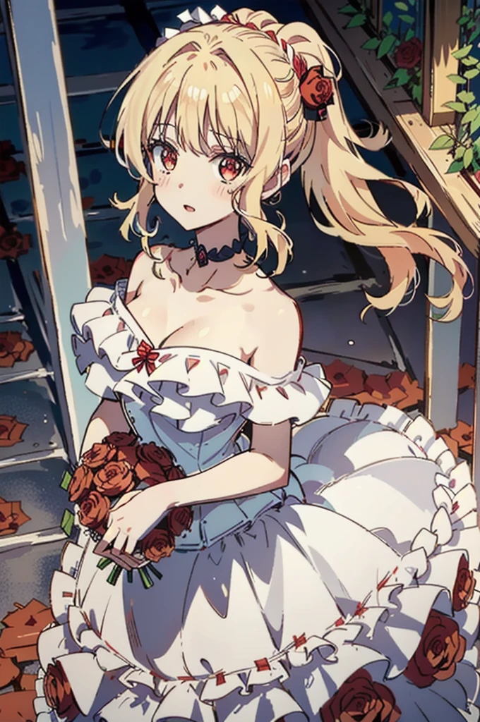 (masterpiece, best quality)
YuiDiabolikLovers, 1girl, solo, long hair, breasts, looking at viewer, open mouth, bangs, blonde hair, red eyes, gloves, dress, ribbon, holding, cleavage, medium breasts, standing, collarbone, ponytail, flower, short sleeves, sidelocks, outdoors, parted lips, choker, day, elbow gloves, white gloves, off shoulder, white dress, red ribbon, strapless, rose, high ponytail, red flower, dark dress, veil, strapless dress, red rose, bouquet, wedding dress, off-shoulder dress, long dress, bridal veil, red choker, ribbon choker, holding bouquet, evil smile 
 