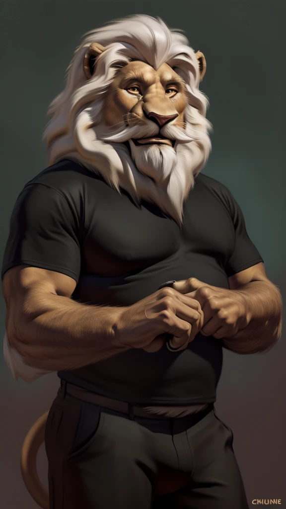 by chunie by catsudon by retros, male,ridiculuous,((mature,mature male)),((Bearded)),((Mustache)), felid, solo, ((Lion,tail)),(white hair), facial hair, facing viewer, ((Highly detailed face)), (((Grandpa Figure))), ((smilling)), red and orange abstract background, ((black shirt)),((short pants)), smile, ((((wise)))),((DILF)),