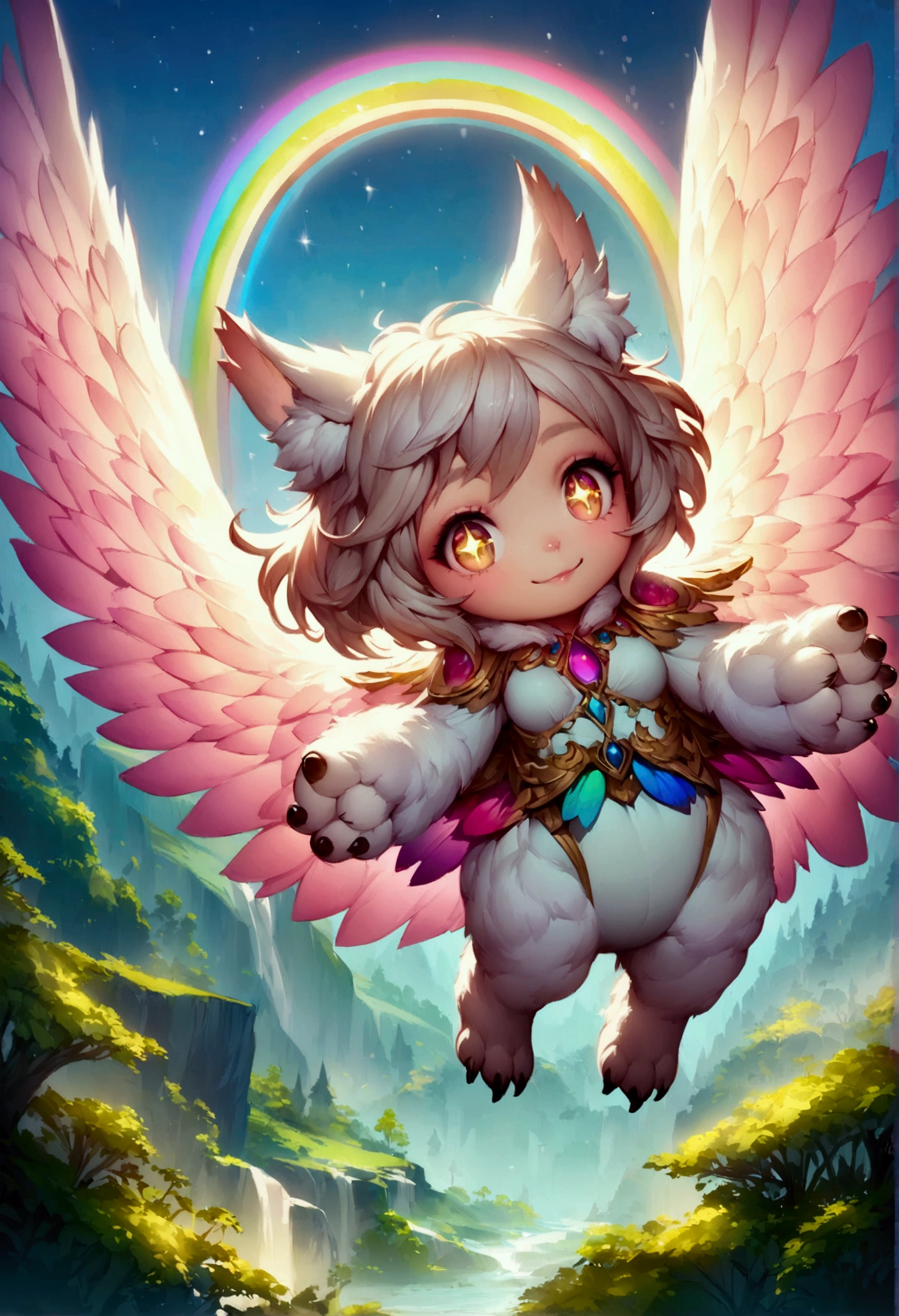 (ultra detailed), a striking and captivating full-size portrait of a female anthro flying puppy, with wings as colorful as a rainbow, soft and fluffy fur, bright, sparkling eyes filled with curiosity, posed mid-flight, suspended in mid-air, showcasing her playful nature, with a pair of small paws balanced delicately, detailed background depicting a whimsical and fantastical forest landscape, with hidden treasures and mysterious creatures, trending on artstation, cenematic lighting, an enchanting aura surrounding her, detailed eyes, a hint of a smile, showcasing her innocence and joy