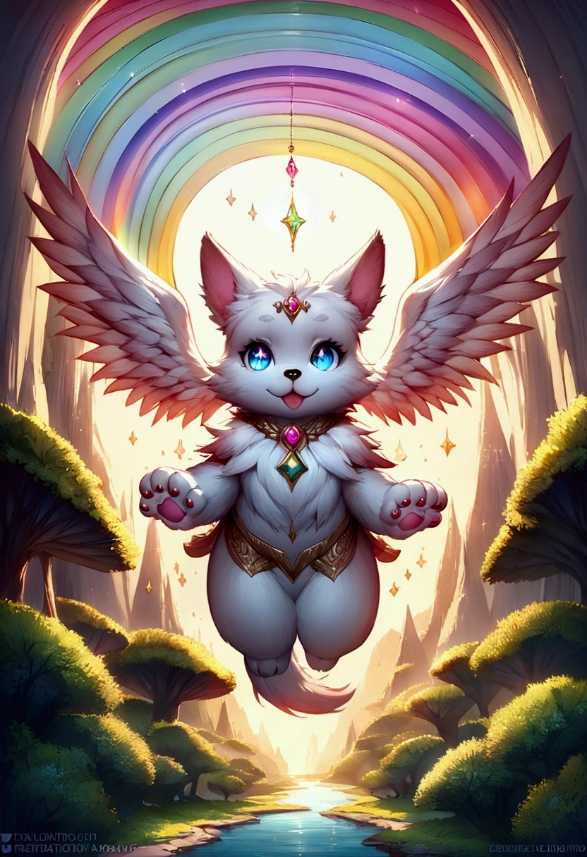 (ultra detailed), a striking and captivating full-size portrait of a female anthro flying puppy, with wings as colorful as a rainbow, soft and fluffy fur, bright, sparkling eyes filled with curiosity, posed mid-flight, suspended in mid-air, showcasing her playful nature, with a pair of small paws balanced delicately, detailed background depicting a whimsical and fantastical forest landscape, with hidden treasures and mysterious creatures, trending on artstation, cenematic lighting, an enchanting aura surrounding her, detailed eyes, a hint of a smile, showcasing her innocence and joy