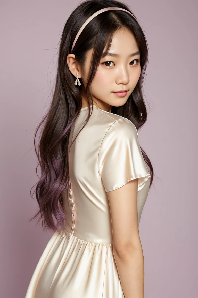 Yumi is an 18-year-old girl with a graceful height of 5'5" and a slender, graceful build. She has long, silky lavender hair that flows down her back, often styled in loose waves or adorned with a delicate headband. Her large, hazel eyes are warm and expressive, and her fair skin is complemented by a gentle, natural blush. Yumi has a , button-like nose and soft, pink lips that often carry a serene, thoughtful expression.
Her fashion sense is elegant and feminine. She favors flowy dresses in soft pastel shades, paired with delicate lace or satin accents. Yumi often accessorizes with simple, elegant jewelry like pearl earrings and dainty bracelets, and she’s known for carrying a small, stylish handbag.