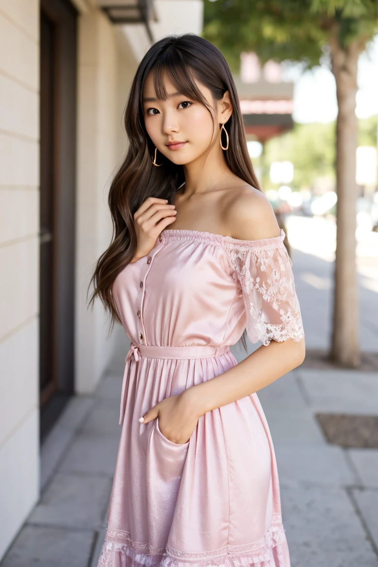Beautiful young Japanese woman is smiling and walking down a deserted street in Mykonos, She is wearing a very short see-through dress made of pink lace, Her white bikini panties are visible., Bright sunlight, facial parts such as the nose, Mouth, Eyes, Ears, etc. Not distorted, Please draw from the knees up