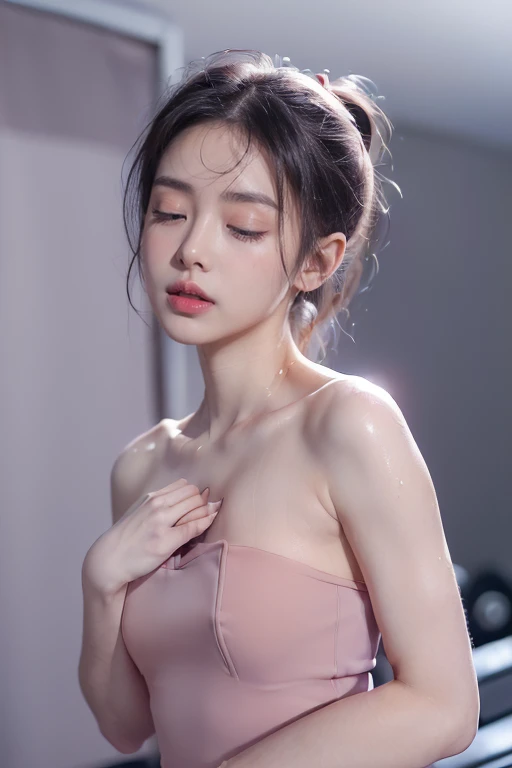 ((((8K))),((Extremely detailed CG)) ,(wallpaper),16K,((Extremely exquisite and beautiful)),(((masterpiece))),(((Best quality))),(((超high resolution))),Beautiful light,Perfect Lightning,Realistic shadows,(high resolution),(Smooth and flawless fair skin:1.5),(Pale skin:1.3),Extremely delicate facial details,(Perfect body:1.1),(Extremely detailed),(A beautiful girl,Solitary),(Small head:1.2),(Short Ponytail:1.2),(Small face:1.2,(Exquisite makeup:1.3),((Slim,Thin)),(Small Breasts:1.2),(flat chest:1.2),(Strapless Gray Light Purple_Gray Yoga Good:1.3),(Day scene:1.5),(indoor:1.3),(At the gym:1.5),((Lots of fitness equipment, treadmill, dumbbell)),(Detailed background:1.5),(permanent:1.3),(Being hugged by a rude man:1.5),(Close-up of face:1.3),(From the front:1.2),(Glowing skin:1.5),(Sweat:1.3),(Close your eyes:1.5),(open mouth:1.5),(blush:1.3),(woman:1.3),(Aheiyan:1.3),(Put your hands behind your back:1.2),(Surrounded by a group of strong men:1.5)