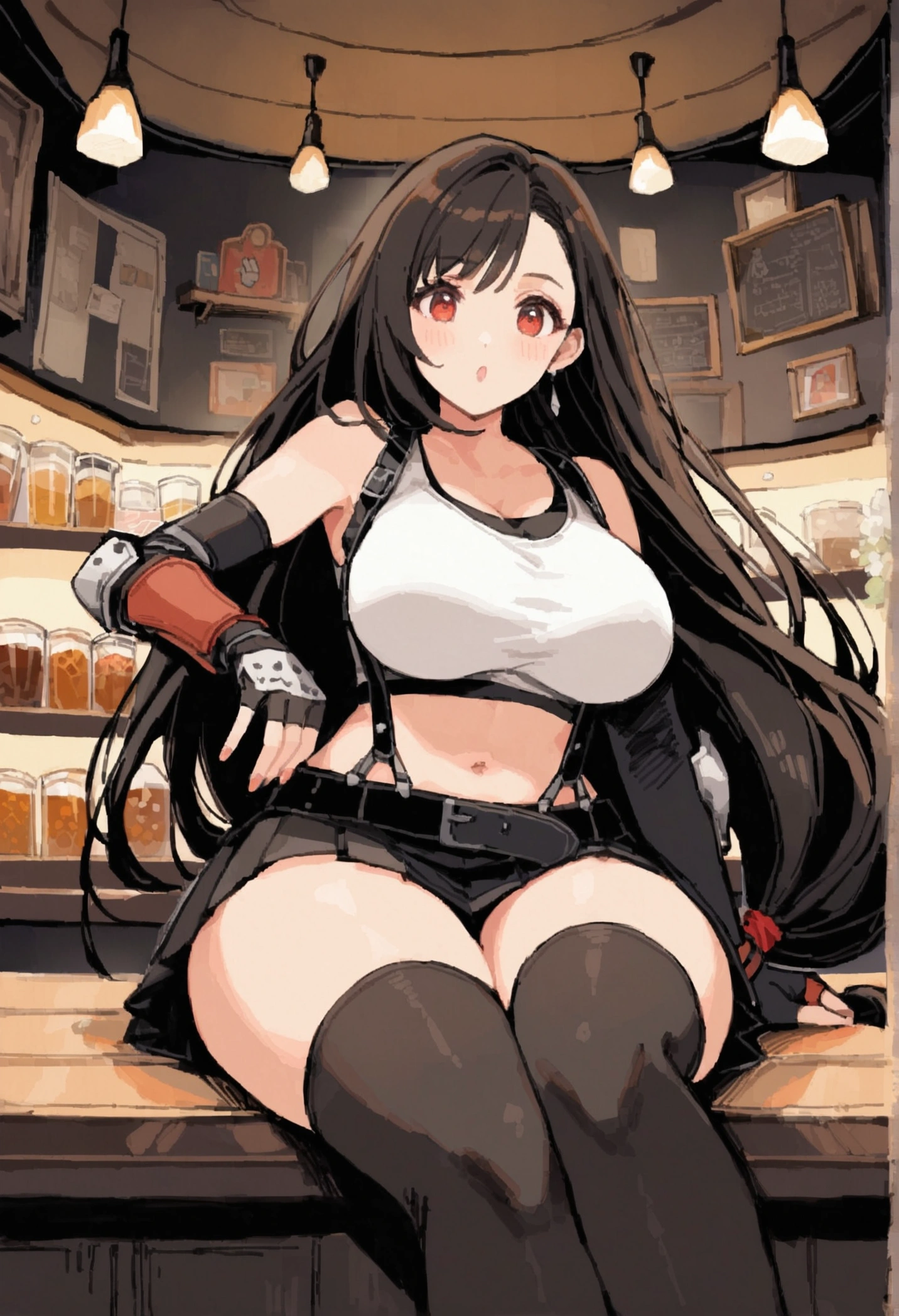 score_9, score_8_up, score_7_up, (best quality), masterpiece,perfect anatomy,(aesthetic,very aesthetic),tegaki,illustration,ultra-high resolution, 1girl, tifa lockhart, final fantasy,(beautiful woman).tareme, black hair, low-tied long hair, red eyes, bangs, white tank top,gap, belt, pleated skirt, thighhighs, elbow fingerless gloves, elbow pads, midriff, navel,suspender skirt.zettai ryouiki ,from front,(feet view),,(large_breasts),Solo,mediumshot,looking_at_viewer,,,sitting,cafe and bar, ,Framin,(Composition)