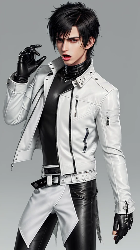 Final fantasy taste and reality graphics, Japanese young cute and cool ikemen boy, his age is early 20s, thin eyebrows and beady eyes, ((he wearing off white color leather thick material jacket)), ((jacket is singlebrest)), biker style jacket, with epaulet, jacket is long sleeve, ((must close the front of the leather jacket)), , ((voluminous leather jacket)), ,((must jacket is high length and stand-up collar)) ((jacket collar with two belts)), ((jacket is a little black color line pattern)),((close the front of the jacket)), ((also wearing black thick material turtleneck lackluster shirts)), ((tight black leather pants)), ((black leather tight and thin glove)), ((black leather knee-high raceup boots)),((must views head-to-toe)),((must views whole body)), ,((Do not show skin from the neck down)),leather jacket leather glove and leather pants have few wrinkles, Avoid showing your innerwear,zip up jacket fastner.must put on a leather glove.
Bous face is expression of ecstasy.
Boy is black hair.boy looks like fashion model.
((Boy gagged wrap mouth))