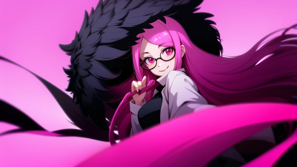 Smiling girl with long pink hair and black prescription glasses, pink eyes