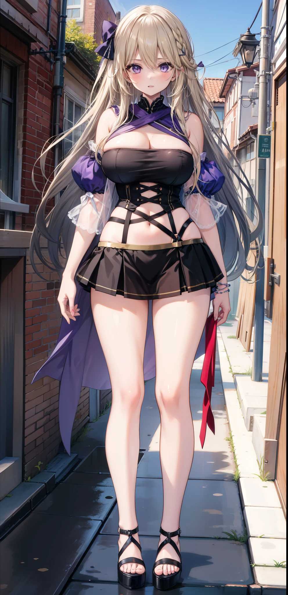 girl,Large Breasts,long hair,Topless,Bow,Blonde Hair, Purple Eyes, Cleavage,Large Breasts,whole body,foot