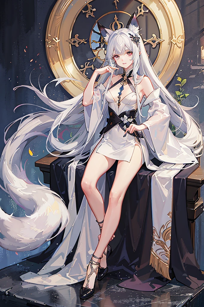 The nine-tailed fox is white, wearing ancient clothes, with a magic circle behind it