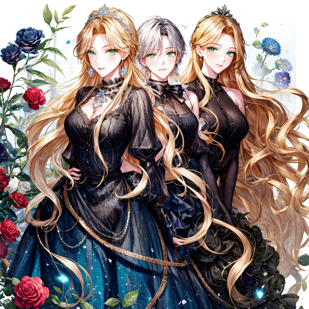 shoujo-style, (floral background, Romance Manhwa), 3girl, blonde hair, solo, long hair, flower, dress, tiara, white dress, gloves, long sleeves, choker, green eyes, mascara, makeup, white gloves, black bow, black flower, wavy hair, bow, Good, jewelry, looking at viewer, white background, collarbone, puffy sleeves, silver accessories, upper body, parted bangs, very long hair, blue dress, frills, bangs, closed mouth, detailed eyes, sparkle full body photo 