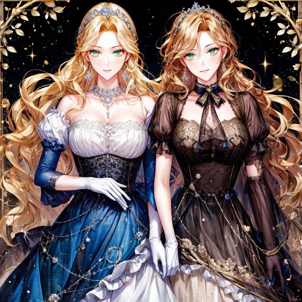 girly style, (flower background, romance comics), 2 girl, blond, alone, long hair, flower, skirt, crown, white skirt, Gloves, Long sleeve, collar, Green eyes, mascara, cosmetics, white Gloves, black bow, black flower, Straight Hair, drill hair, french OKid, bow, OK, jewelry, looking at the audience, White background, clavicle, puffy sleeves, silver accessories, full-body shot, parted bangs, very long hair, blue skirt, trim, bangs, Keep your mouth shut, delicate eyes, 火flower