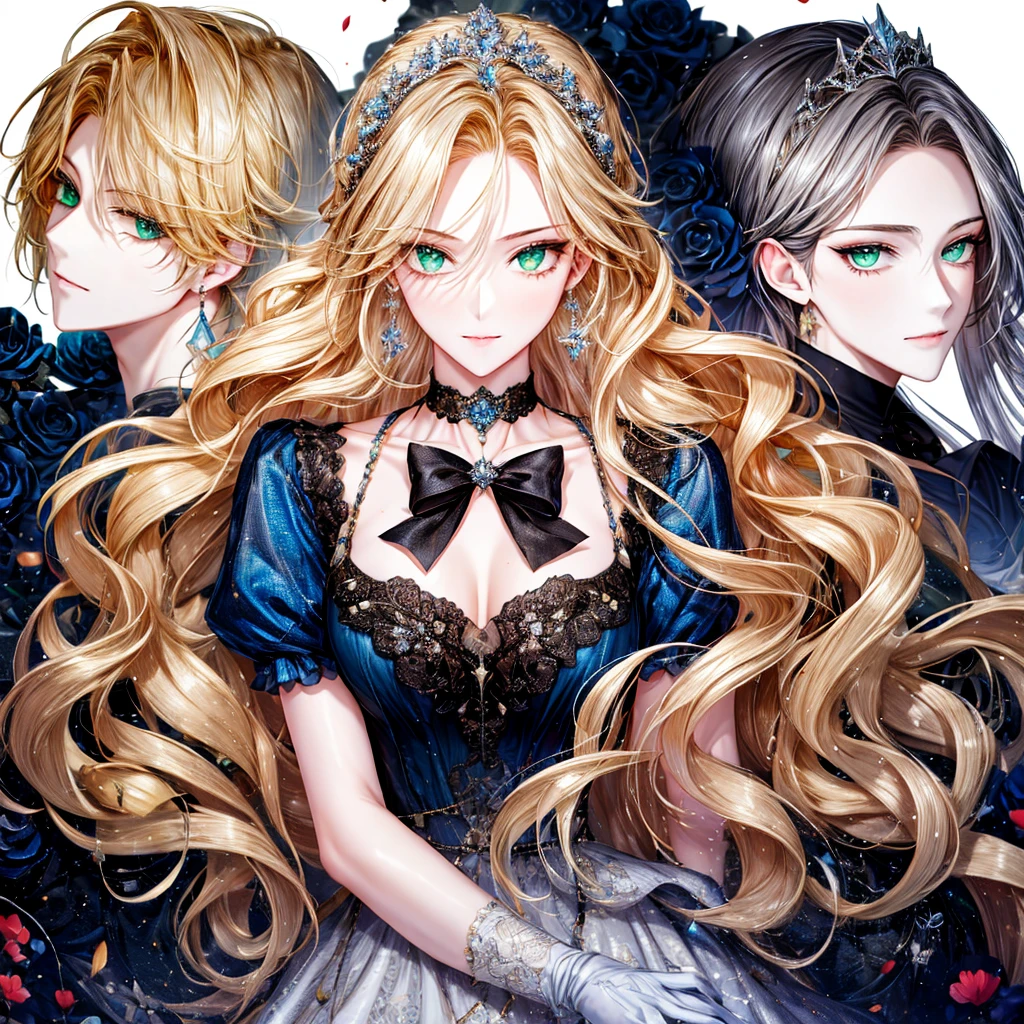 shoujo-style, (floral background, Romance Manhwa), 3girl, blonde hair, solo, long hair, flower, dress, tiara, white dress, gloves, long sleeves, choker, green eyes, mascara, makeup, white gloves, black bow, black flower, wavy hair, bow, Good, jewelry, looking at viewer, white background, collarbone, puffy sleeves, silver accessories, upper body, parted bangs, very long hair, blue dress, frills, bangs, closed mouth, detailed eyes, sparkle full body photo 