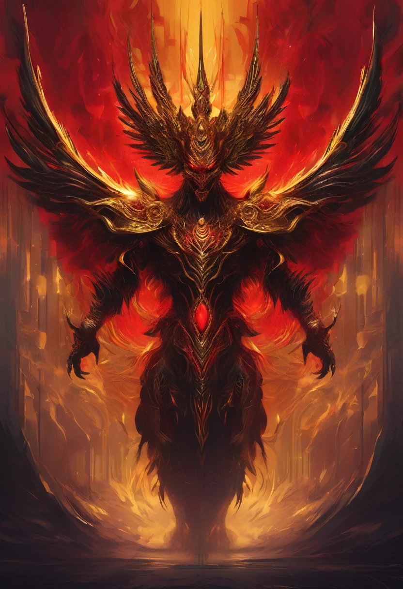 Create an abstract and surreal depiction of a pride demon, the demon has large, eagle-like wings and a body covered in gleaming golden aảmor, Its head is adorned with a spiky crown, and its eyes sparkle with arrogance, The demon’s limbs are long and slender, exuding confidence and authority, color palette is gold and vibrant red, with intricate, soft yet sharp lines to, featuring dark, ominous tones ,mystical atmosphere, basic background, minimilism