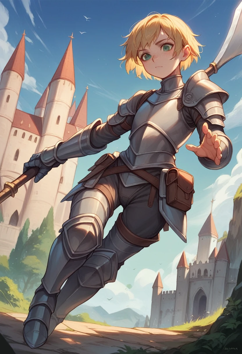 Illustration, detailed illustration, ultra detailed, best quality, dynamic angle, 1girl, lithe, flat chest, beautiful, short blonde hair, green eyes, light freckles, gray armor, castle, carrying scythe