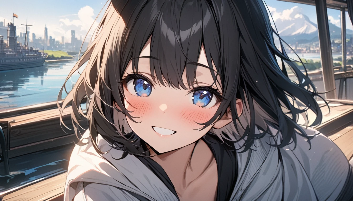 beautiful 1girl, solo, gentle smile on her face flat chest, short hair, black hair, beautiful blue eyes, ((masterpiece)),(((bestquality))),((ultra-detailed)), 1 girl, Beautiful, black hair, happy, blush kind smile, solo, The sky morning, looking to viewer, soft green, city, lake, ship, holding a coffee cup BREAK.