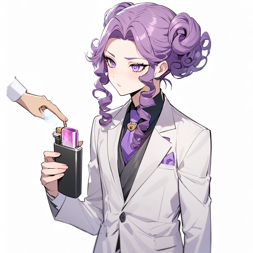 Man in suit with curly hair parted elegantly like a lock,purple hair In a bun with very curly ends ,black suit,Lighter purple eyes,guy who wants penis 