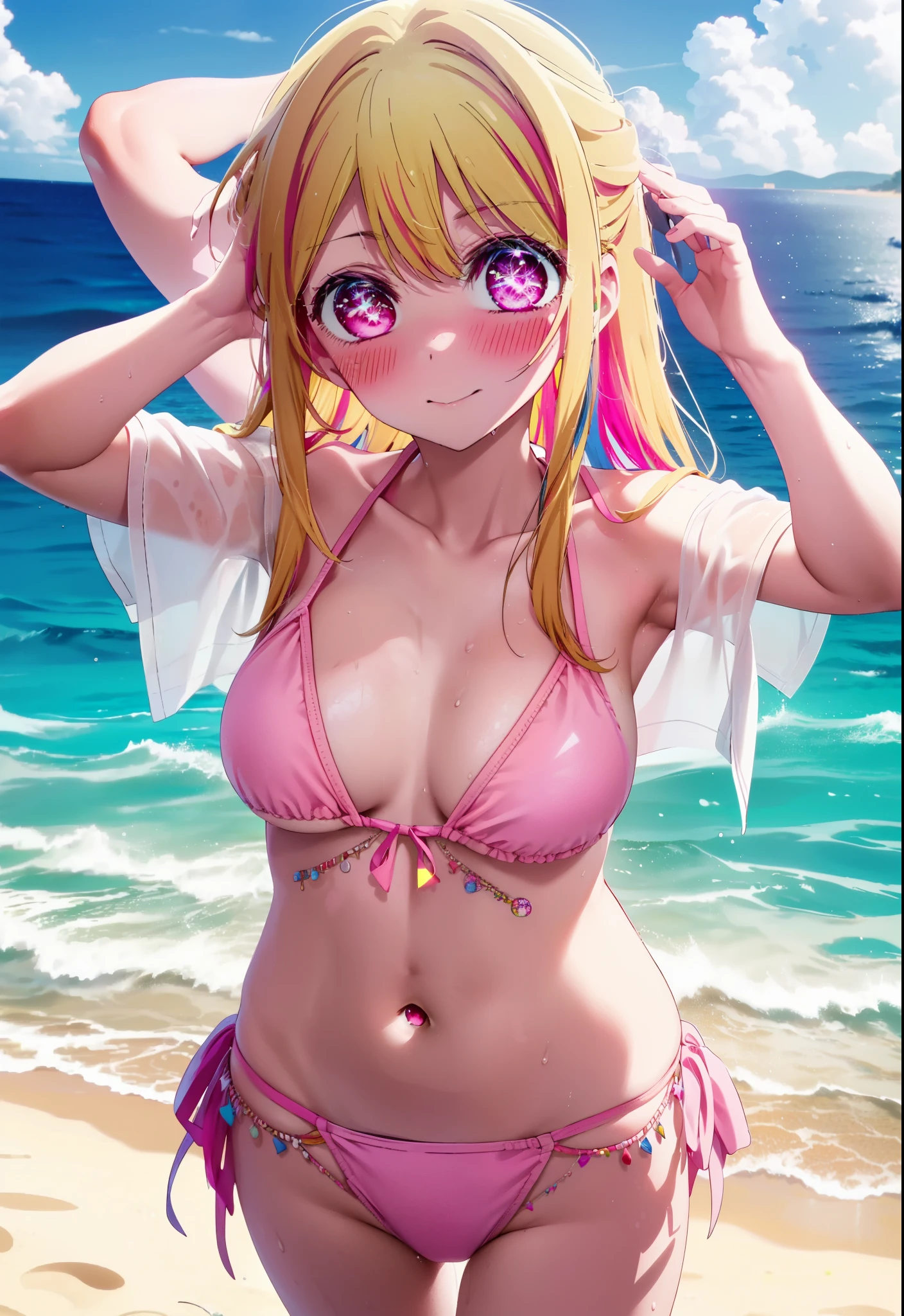 rubyhoshino, Ruby Hoshino, Long Hair, bangs, blonde, (Pink Eyes:1.3), (Symbol-shaped pupil:1.5), Multicolored Hair, smile,blush,Open your mouth,Two-tone hair, Bikini Swimwear,barefoot,Water Play,Wet Hair,Wet Skin,Wet swimsuit,True Summer,Clear skies during the day,
break outdoors, Beach,
break looking at viewer, whole body, (Cowboy Shot:1. 5)
break (masterpiece:1.2), highest qualそれy, High resolution, unそれy 8k wallpaper, (shape:0.8), (Beautiful attention to detail:1.6), Highly detailed face, Perfect lighting, Highly detailed CG, (Perfect hands, Perfect Anatomy),