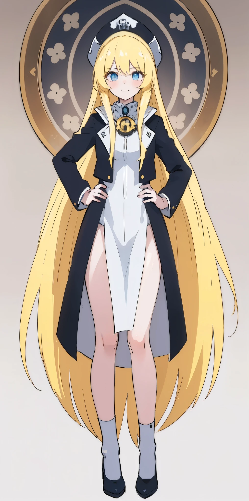 (4k, ultra high resolution, Prominence in Masterpiece, High Quality, Best Quality: 1.2) full body, 1 female, solo, 1girl, 1woman, lustful smirking smile blush, looking at viewer, sitting, blonde hair, long hair, (black jacket), beautiful and detailed face, detailed eyes, looking at the viewer (grey theme) close jacket (aesthetic clothing) hands on hips, wide hips, blonde long hair, blonde drill hair, blonde twin drills hair, blue wizard hat, Handcuffs on their hands, With a collar around the neck