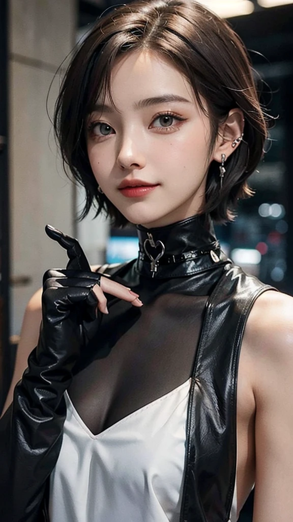 1girl, anime_coloring, black_eyes, black_gloves, brown_hair, choker, earrings, gloves, jewelry, letterboxed, parody, short_hair, smile, solo, style_parody,