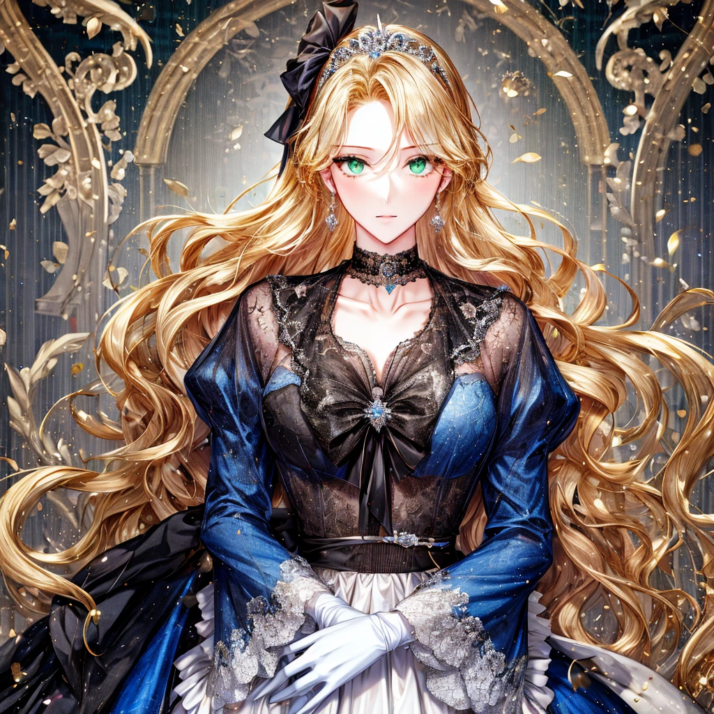shoujo-style, (floral background, Romance Manhwa), 3girl, blonde hair, solo, long hair, flower, dress, tiara, white dress, gloves, long sleeves, choker, green eyes, mascara, makeup, white gloves, black bow, black flower, wavy hair, bow, Good, jewelry, looking at viewer, white background, collarbone, puffy sleeves, silver accessories, upper body, parted bangs, very long hair, blue dress, frills, bangs, closed mouth, detailed eyes, sparkle full body photo