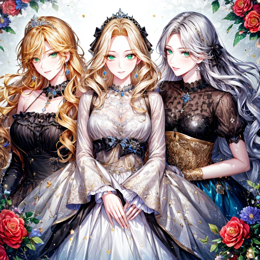 shoujo-style, (floral background, Romance Manhwa), 3girl, blonde hair, solo, long hair, flower, dress, tiara, white dress, gloves, long sleeves, choker, green eyes, mascara, makeup, white gloves, black bow, black flower, wavy hair, bow, Good, jewelry, looking at viewer, white background, collarbone, puffy sleeves, silver accessories, upper body, parted bangs, very long hair, blue dress, frills, bangs, closed mouth, detailed eyes, sparkle full body photo