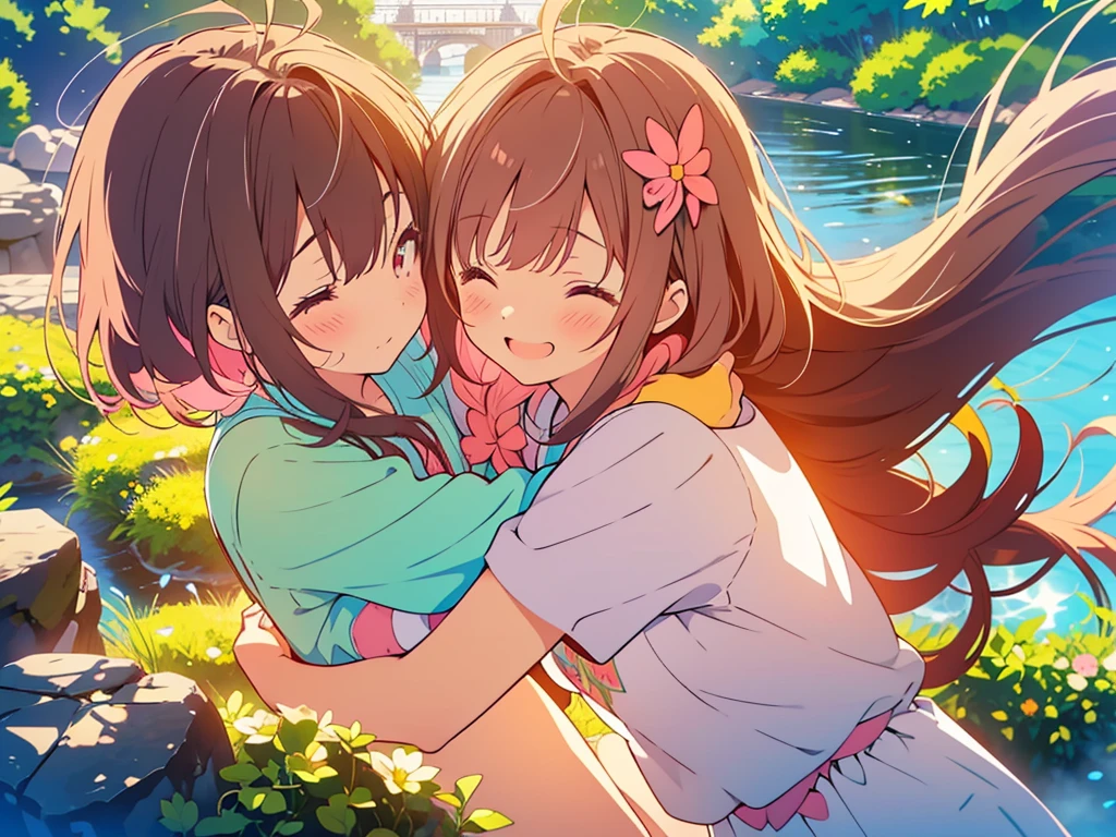 kawaii, anime, Cute, hyper quality, highly detailed, 8k, Clarity, Two girls with brown hair and pink hair, One person has long dark brown hair and green eyes., The other is a young girl with a bright pink short bob and scarlet eyes., Hug each other in Europe's natural water gardens, shed tears, A touching reunion, warm atmosphere, clear blue sky, jump on, whole body, clear air, planted flowers and greenery, Draw facial expressions in detail, highlight on eyes, Close your eyes and cry and laugh, pull perspective, hoodie, Uplifting, jump and hug, Draw the whole body of both of them, light dances, pink hair, Netherlands, pick up a , A small butterfly of light dances,