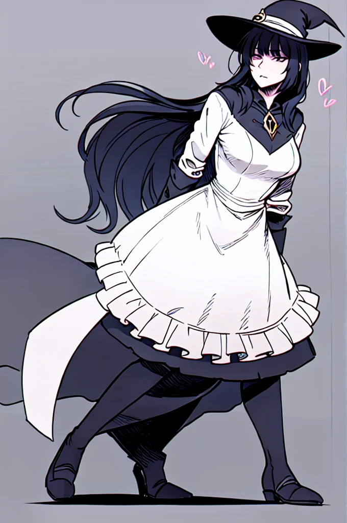 ratatatat74, woman in a hat and suit with a large hat, fashionable dark witch, full body illustration, anime full body illustration, witch girl, full body portrait of a short!, witch clothes, classical witch, black and white manga style, highly detailed character design, dressed with long fluent clothes, extremely fine ink lineart, by Naondo Nakamura, ((ratatatat74))
