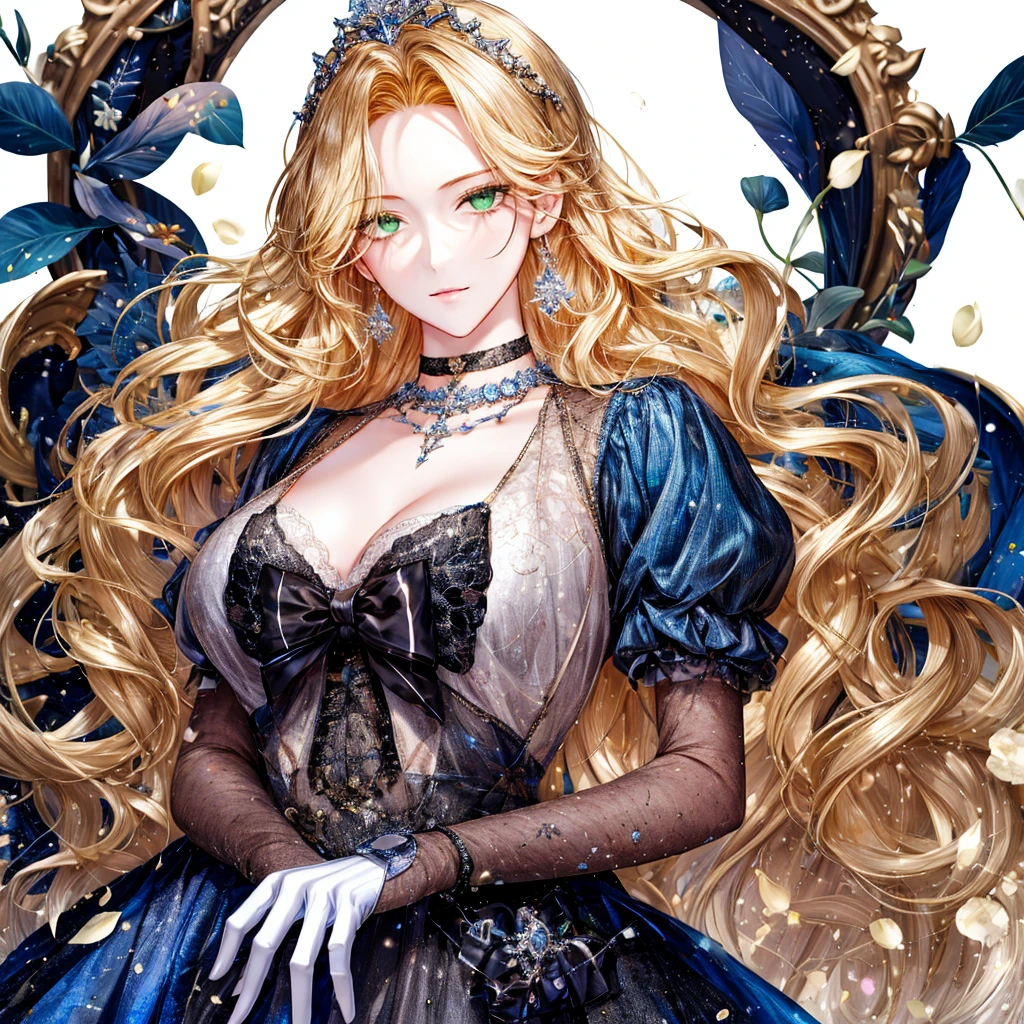 shoujo-style, (floral background, Romance Manhwa), 3girl, blonde hair, solo, long hair, flower, dress, tiara, white dress, gloves, long sleeves, choker, green eyes, mascara, makeup, white gloves, black bow, black flower, wavy hair, bow, Good, jewelry, looking at viewer, white background, collarbone, puffy sleeves, silver accessories, upper body, parted bangs, very long hair, blue dress, frills, bangs, closed mouth, detailed eyes, sparkle full body photo