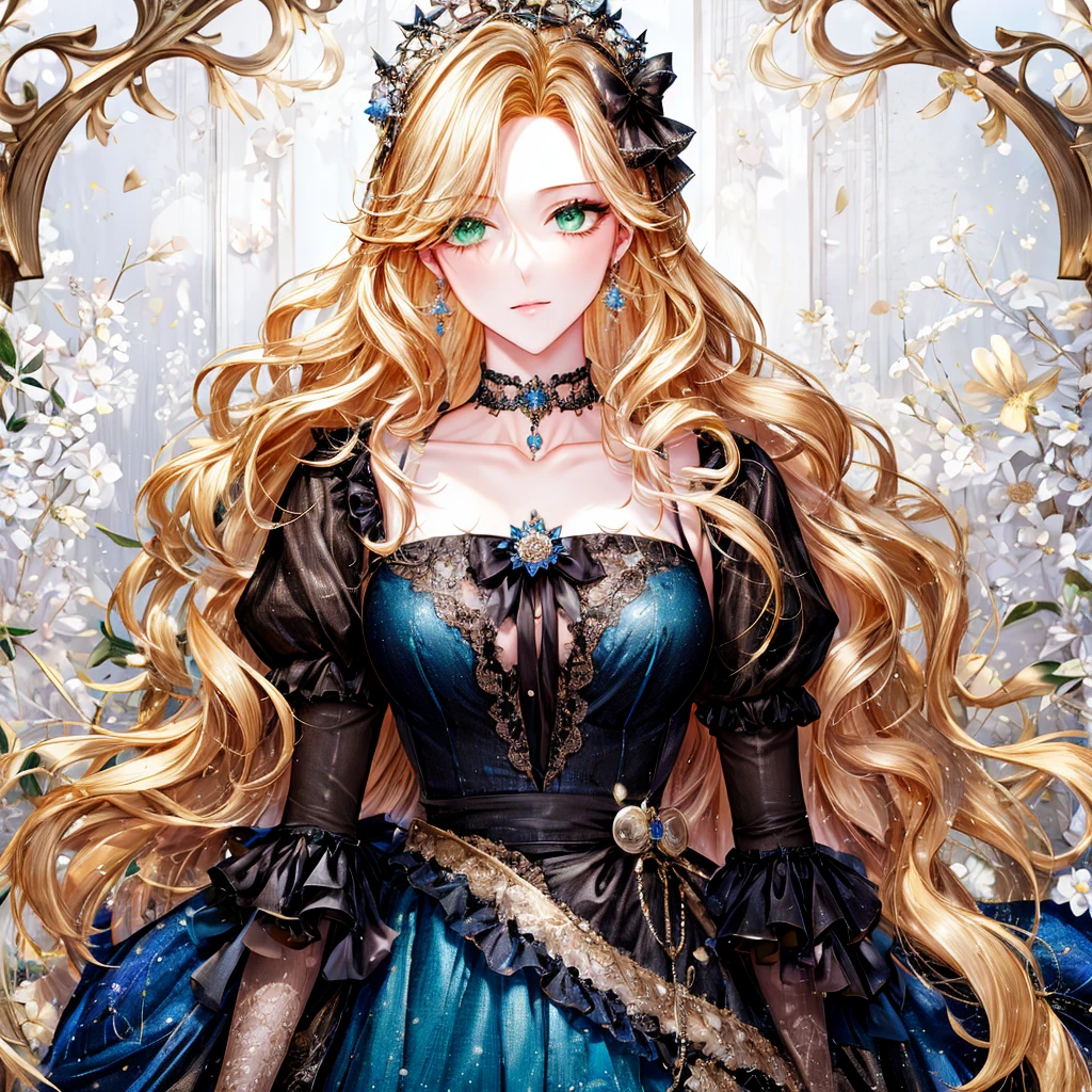 shoujo-style, (floral background, Romance Manhwa), 3girl, blonde hair, solo, long hair, flower, dress, tiara, white dress, gloves, long sleeves, choker, green eyes, mascara, makeup, white gloves, black bow, black flower, wavy hair, bow, Good, jewelry, looking at viewer, white background, collarbone, puffy sleeves, silver accessories, upper body, parted bangs, very long hair, blue dress, frills, bangs, closed mouth, detailed eyes, sparkle full body photo 