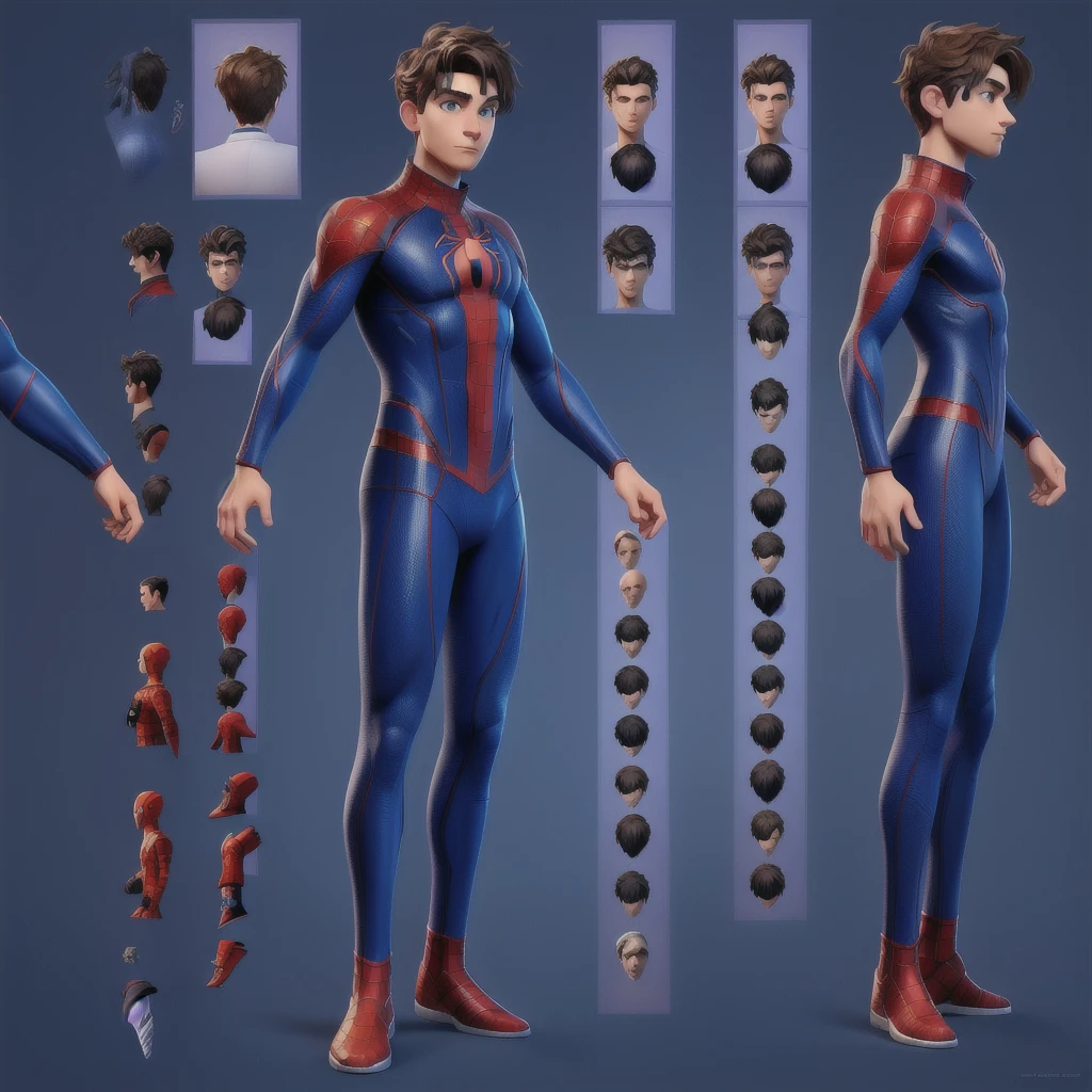 spider man (best quality), (photo-realistic:1) character design sheet, character turnaround, one character in different poses, different angles, fullbody,
