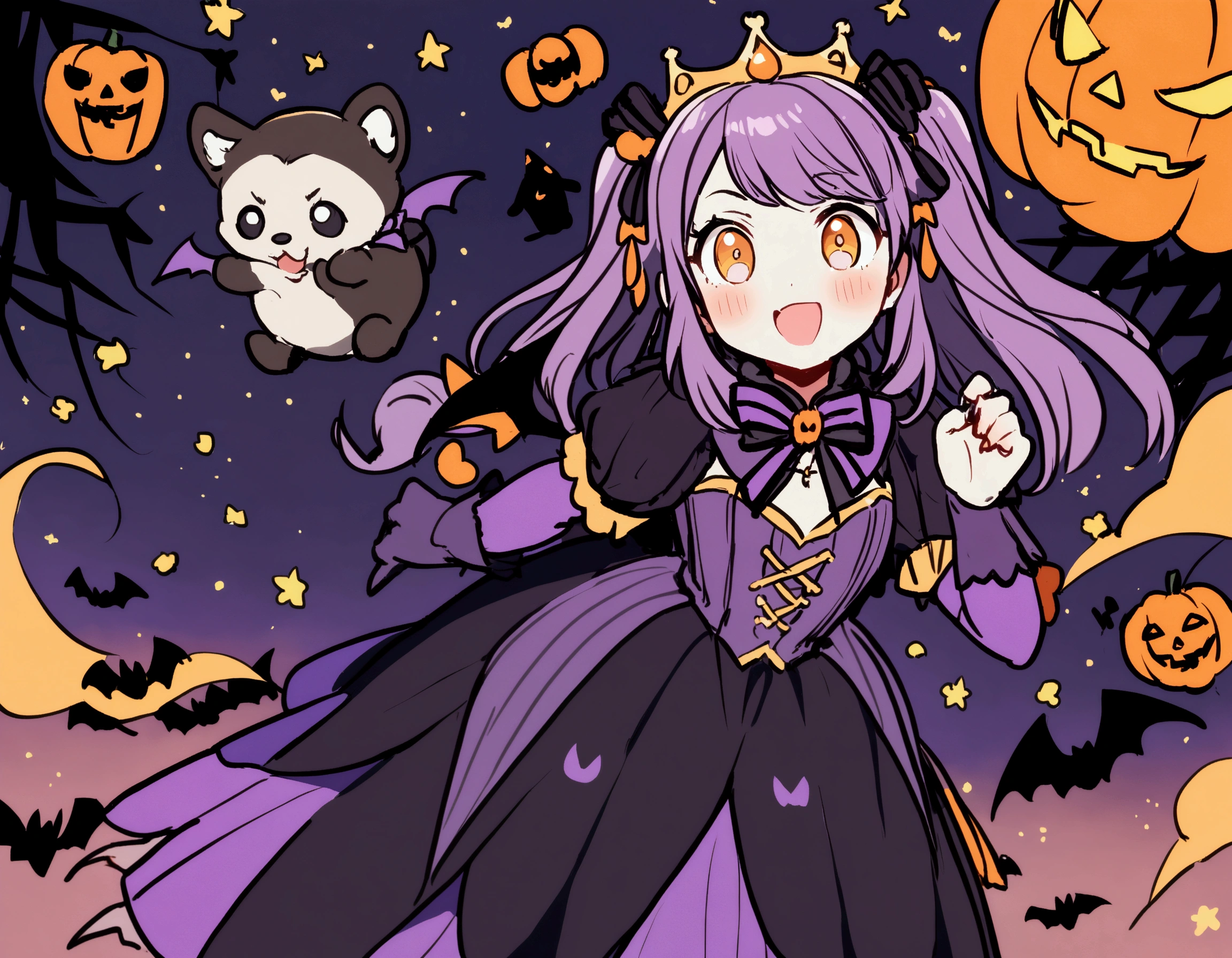 A puppy with bat wings, Halloween night, looking cute as he chases a  in a princess costume