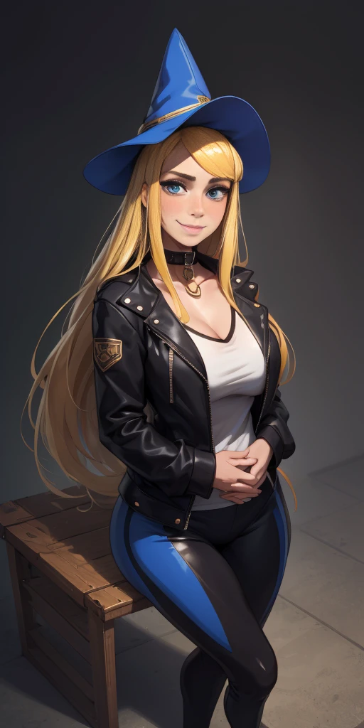 (4k, ultra high resolution, Prominence in Masterpiece, High Quality, Best Quality: 1.2) full body, 1 female, solo, 1girl, 1woman, lustful smirking smile blush, looking at viewer, sitting, blonde hair, long hair, (black jacket), beautiful and detailed face, detailed eyes, looking at the viewer (grey theme) close jacket (aesthetic clothing) hands on hips, wide hips, blonde long hair, blonde drill hair, blonde twin drills hair, blue wizard hat, Handcuffs on their hands, With a collar around the neck