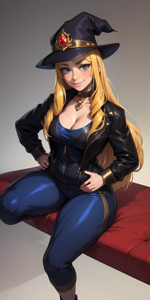 (4k, ultra high resolution, Prominence in Masterpiece, High Quality, Best Quality: 1.2) full body, 1 female, solo, 1girl, 1woman, lustful smirking smile blush, looking at viewer, sitting, blonde hair, long hair, (black jacket), beautiful and detailed face, detailed eyes, looking at the viewer (grey theme) close jacket (aesthetic clothing) hands on hips, wide hips, blonde long hair, blonde drill hair, blonde twin drills hair, blue wizard hat, Handcuffs on their hands, With a collar around the neck