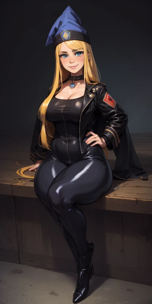 (4k, ultra high resolution, Prominence in Masterpiece, High Quality, Best Quality: 1.2) full body, 1 female, solo, 1girl, 1woman, lustful smirking smile blush, looking at viewer, sitting, blonde hair, long hair, (black jacket), beautiful and detailed face, detailed eyes, looking at the viewer (grey theme) close jacket (aesthetic clothing) hands on hips, wide hips, blonde long hair, blonde drill hair, blonde twin drills hair, blue wizard hat, Handcuffs on their hands, With a collar around the neck