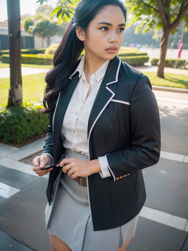 1girl, solo, (Indonesian_high_school_uniform), standing, outdoors, (ultra wide angle shot: 1.4), beautiful scenery, detailed face, detailed eyes, thick breasts, fitness body, smooth skin, tight white shirt, grey blue short skirt, looking at the audience, low angle shot, wearing open black coat, (8k, RAW photo, best quality, masterpiece: 1.2), (realistic, realistic: 1.37), ultra-high resolution