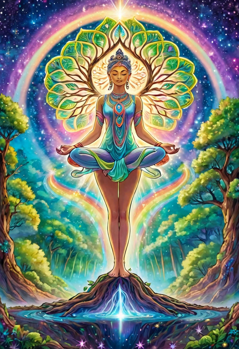 beautiful goddess doing yoga on the earth, shining, their legs are the roots of a tree, the roots of the tree are connected to the center of the earth, the first chakra, mandala, above the earth, mystical world, plants, shooting stars, pastel rainbow colors Light of
