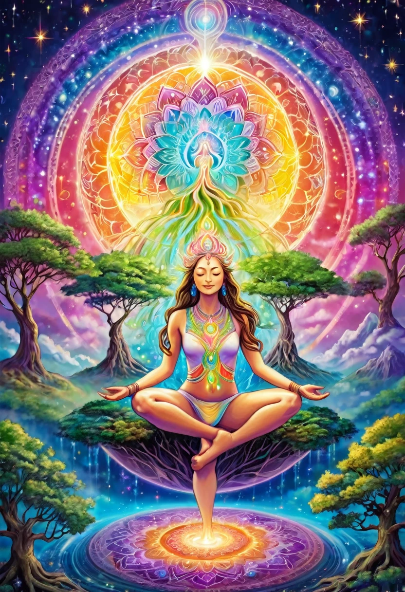 beautiful goddess doing yoga on the earth, shining, their legs are the roots of a tree, the roots of the tree are connected to the center of the earth, the first chakra, mandala, above the earth, mystical world, plants, shooting stars, pastel rainbow colors Light of