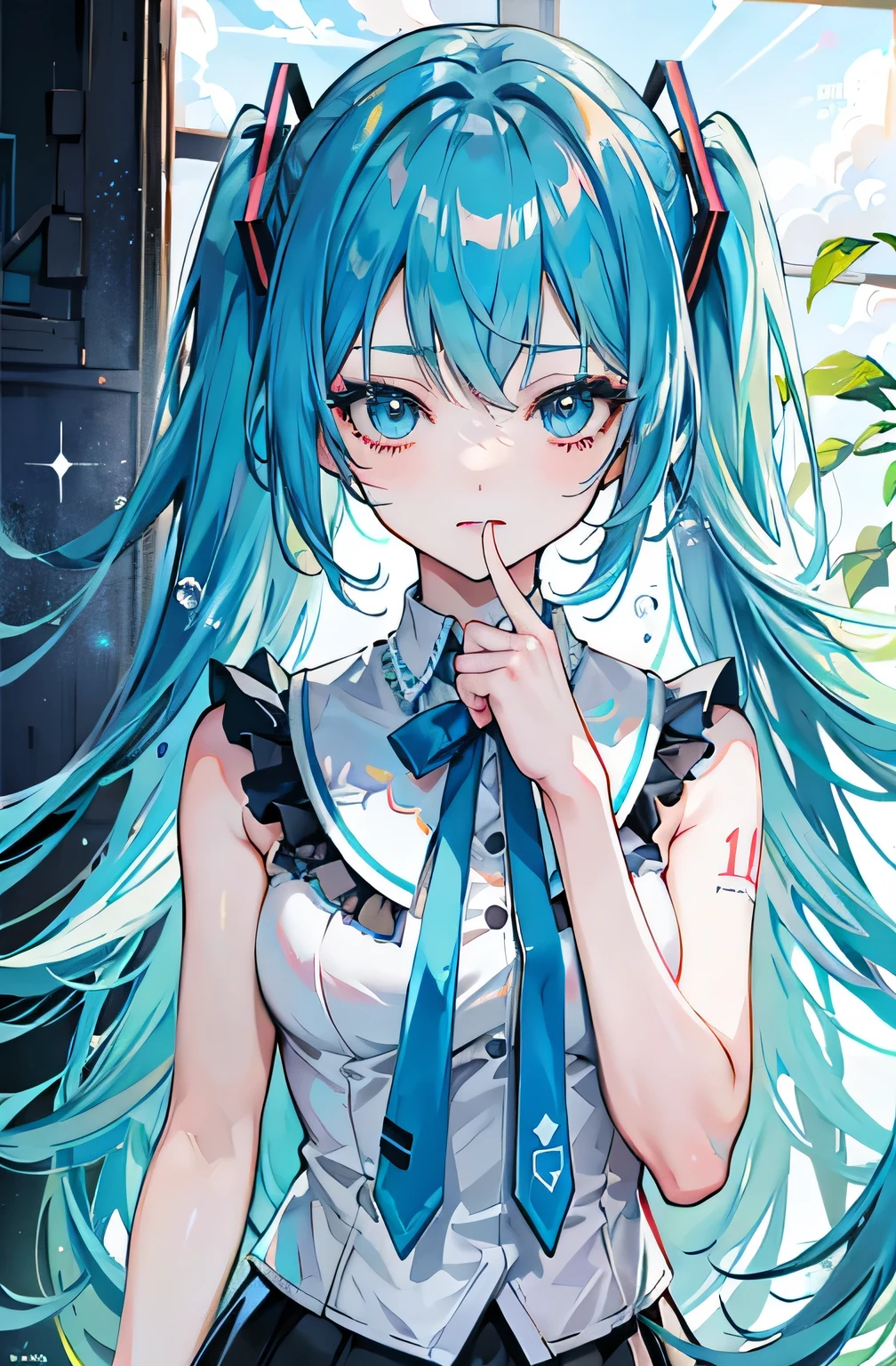 miku hatsune : 1.3, Blue Hair: 1.2, , Daytime: 1.2,in the garden: 1.1, Flowers, Cinema Lighting, Surrealism, Ultra-high resolution, Accurate, Super Detail, Textured skin, Attention to detail, Highest quality, 8k,Thin bangs, (Colorful splashes),Colorful Bubbles,(The Shining), Thick body, No sleeve, Well drawn hands, Focus on the face, Long fangs