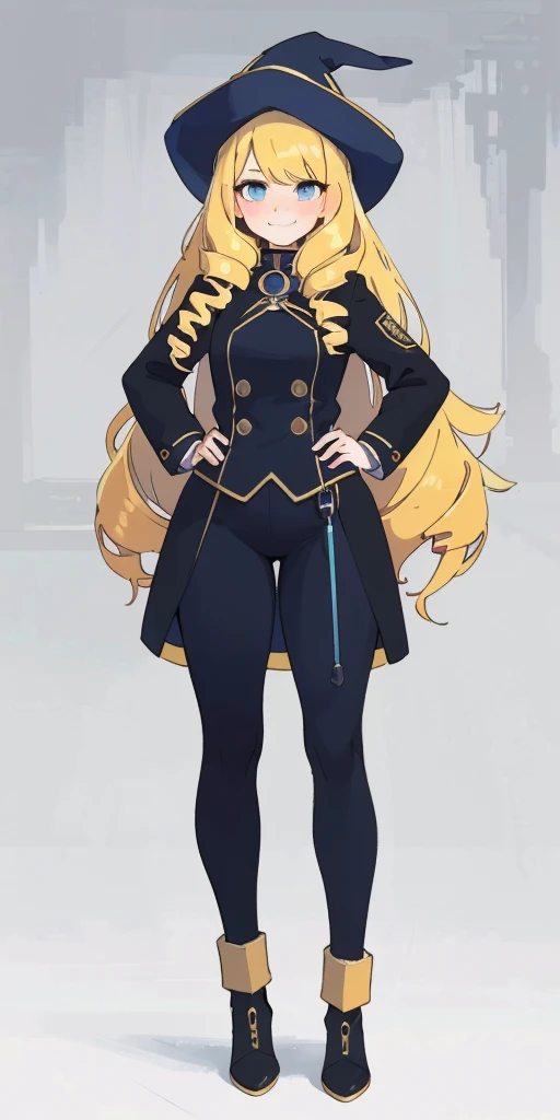 (4k, ultra high resolution, Prominence in Masterpiece, High Quality, Best Quality: 1.2) full body, 1 female, solo, 1girl, 1woman, lustful smirking smile blush, looking at viewer, sitting, blonde hair, long hair, (black jacket), beautiful and detailed face, detailed eyes, looking at the viewer (grey theme) close jacket (aesthetic clothing) hands on hips, wide hips, blonde long hair, blonde drill hair, blonde twin drills hair, blue wizard hat, Handcuffs on their hands, With a collar around the neck