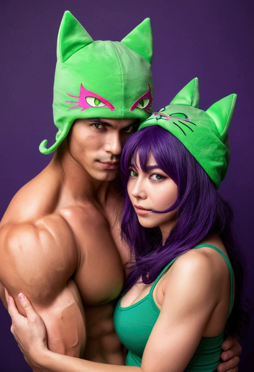 Cute girl with medium breasts and big thighs and butt wearing a green cat hat and with a lot of hair on her face covering her eyes having sex with an attractive young man with muscles and a big demon member with too long dark purple hair