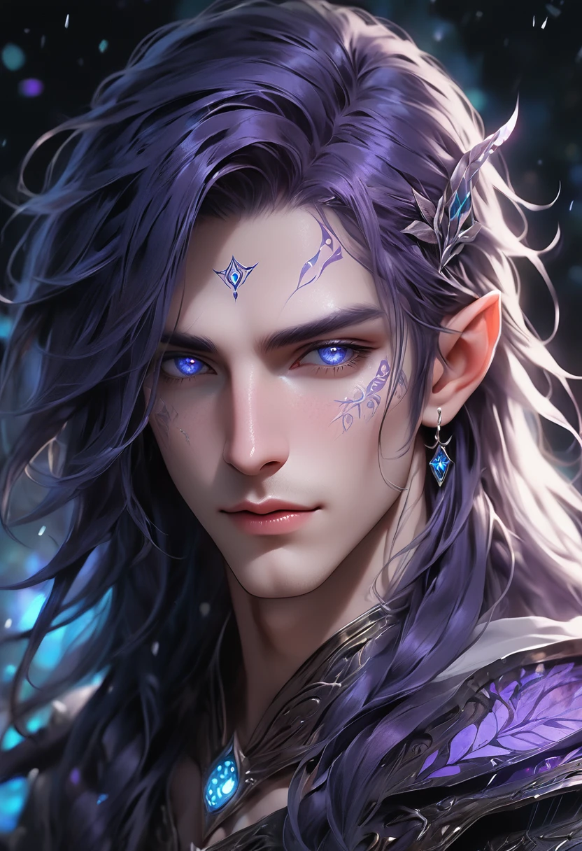 ethereal demonic 25 year old anime guy male druid, with metallic foil print deep purple long hair, delicate masterpieceintimate delicate etched glowing rune tattoos, winking, beautiful gorgeous elf ((male)) kissyface, perfect face, blue/black pastel eyes, long white wisp hair, freckles, piercings, foil print neonbody art, laboratory experiment, perfect anatomy, centered, almost perfect, dynamic, very detailed, glowing, artstation, concept art, soft and sharp focus, art by Carne Griffiths and Wadim Kashin, high-definition accent lighting, epic, elven atmosphere, contrasted with vibrant paint colors., futuristic cyborg in the year 2950,