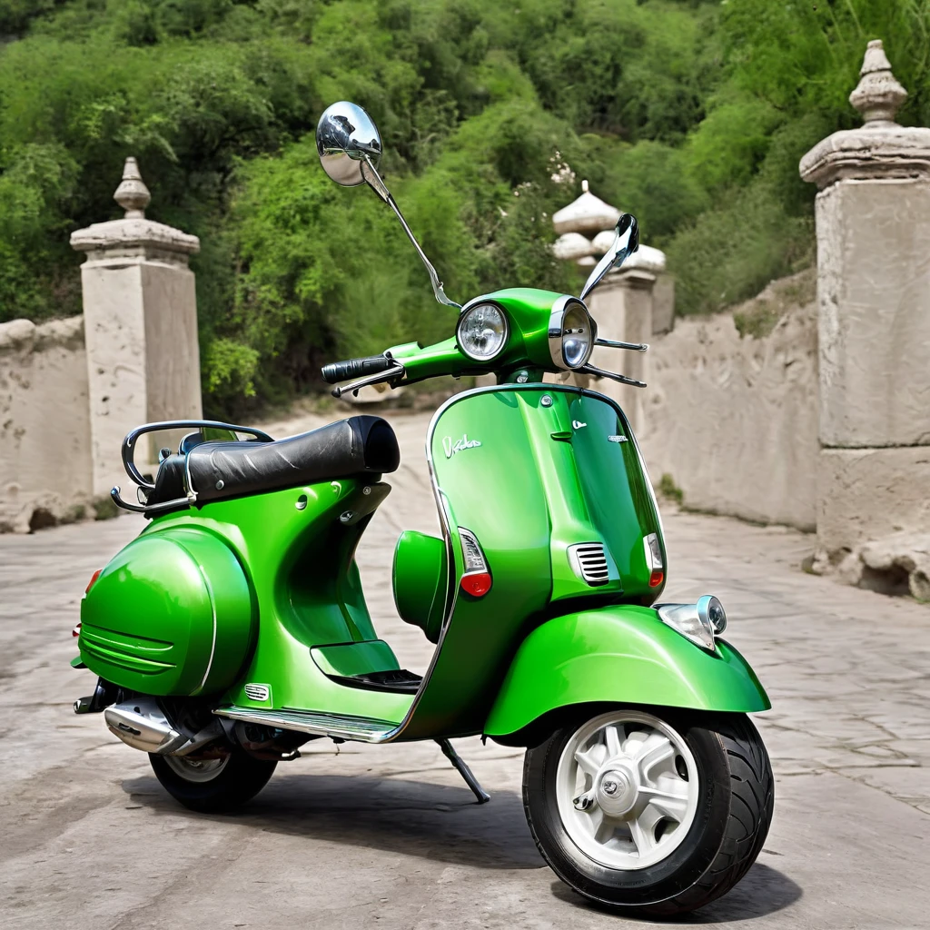 create image real Vespa with Hulk skin theme and mask shape, on the valley, realism, photorealistic, detailed visuals