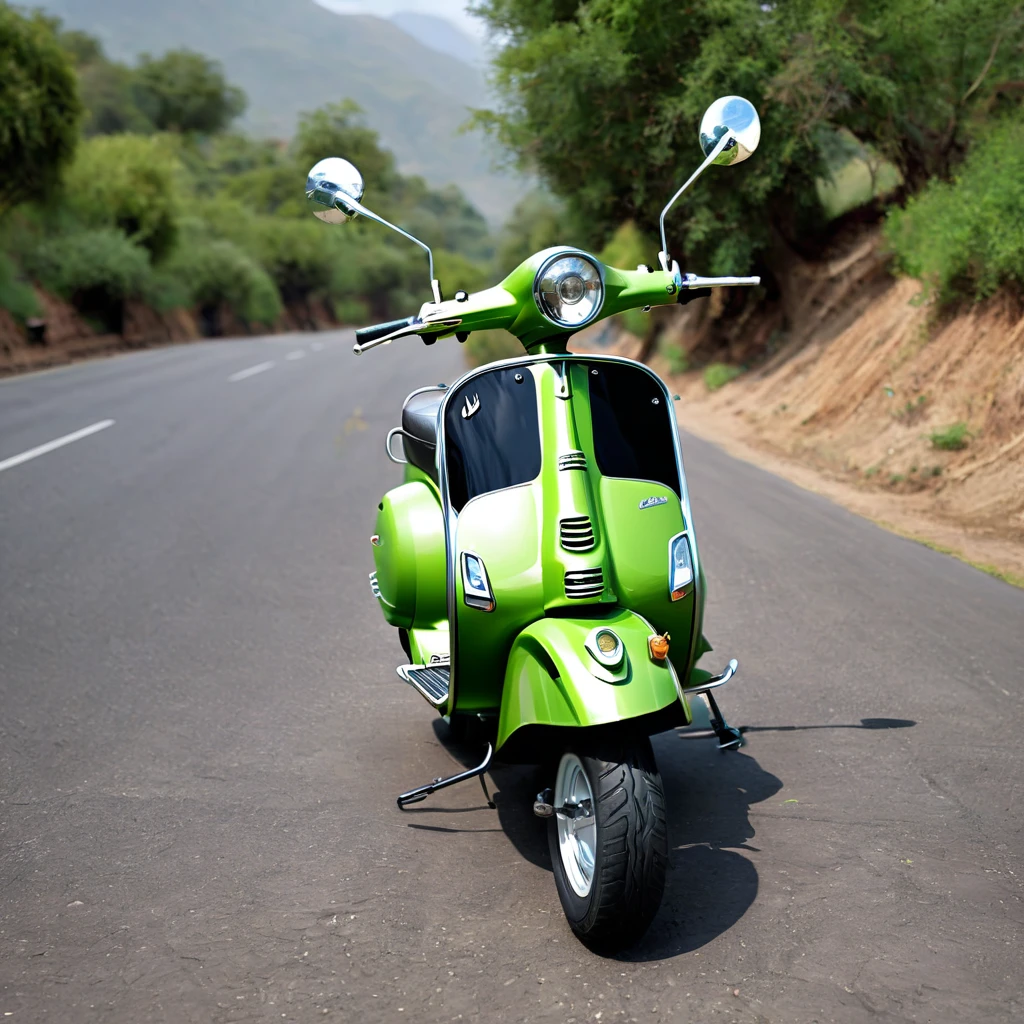 create image real Vespa with Hulk skin theme and mask shape, on the valley, realism, photorealistic, detailed visuals