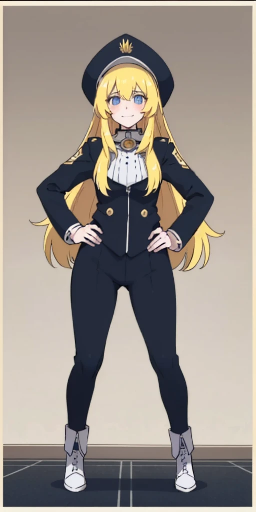 (4k, ultra high resolution, Prominence in Masterpiece, High Quality, Best Quality: 1.2) full body, 1 female, solo, 1girl, 1woman, lustful smirking smile blush, looking at viewer, sitting, blonde hair, long hair, (black jacket), beautiful and detailed face, detailed eyes, looking at the viewer (grey theme) close jacket (aesthetic clothing) hands on hips, wide hips, blonde long hair, blonde drill hair, blonde twin drills hair, blue wizard hat, Handcuffs on their hands, With a collar around the neck
