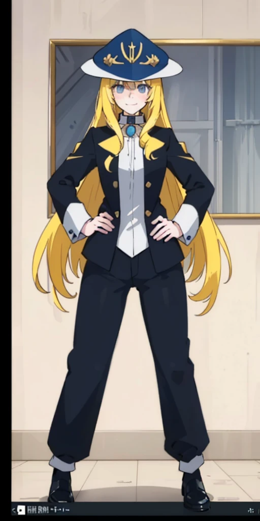 (4k, ultra high resolution, Prominence in Masterpiece, High Quality, Best Quality: 1.2) full body, 1 female, solo, 1girl, 1woman, lustful smirking smile blush, looking at viewer, sitting, blonde hair, long hair, (black jacket), beautiful and detailed face, detailed eyes, looking at the viewer (grey theme) close jacket (aesthetic clothing) hands on hips, wide hips, blonde long hair, blonde drill hair, blonde twin drills hair, blue wizard hat, Handcuffs on their hands, With a collar around the neck