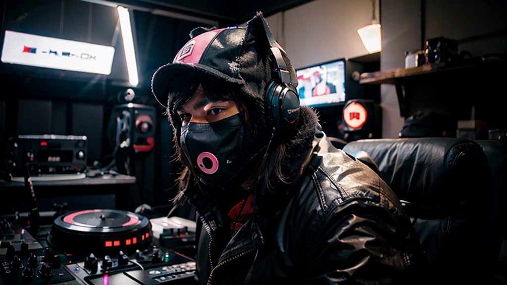 DJ AND ELECTRONIC PRODUCER MAN WITH FULLY COVERED BLACK REALISTIC PIG HEAD MASK PIG HELMET, CASCO DE MARRANO