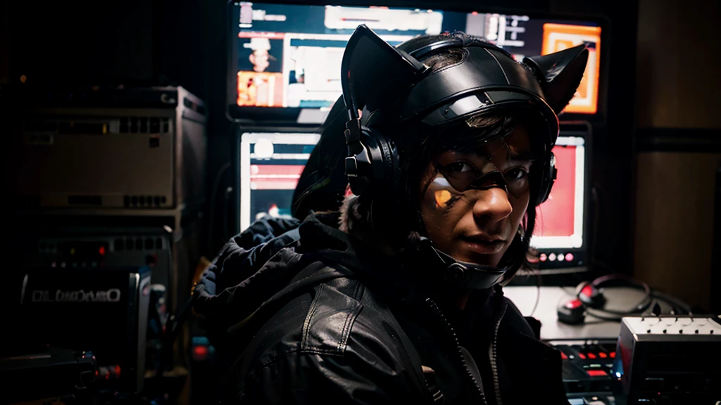 DJ AND ELECTRONIC PRODUCER MAN WITH FULLY COVERED BLACK REALISTIC PIG HEAD MASK PIG HELMET, CASCO DE MARRANO