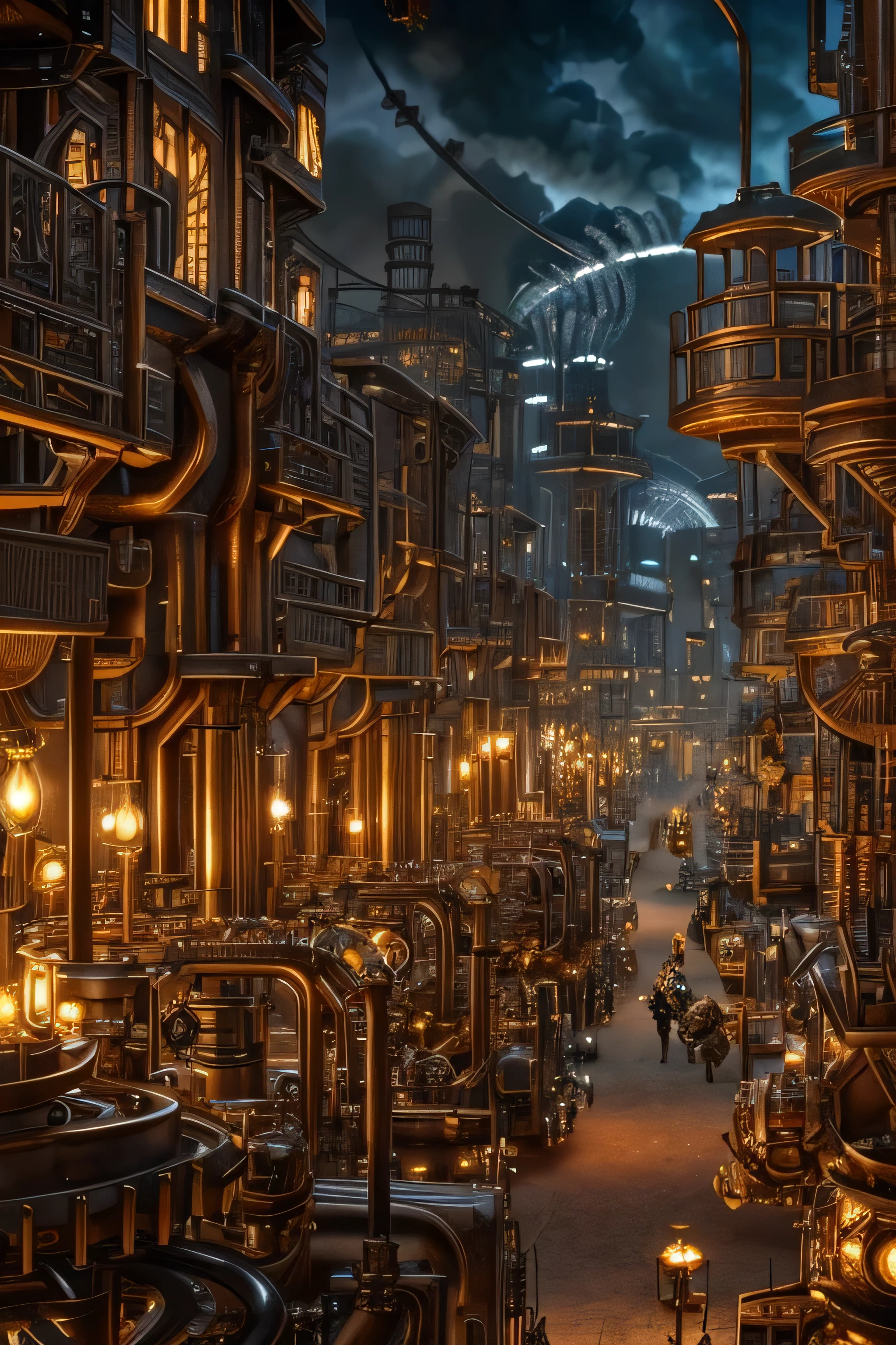 a steam punk city made of metal parts and gears, with steam billowing from pipes, (best quality,8k,sharply focused,masterpiece:1.2),ultra-detailed,realistic,photo-realistic:1.37,intricate machinery,industrial,steampunk,futuristic,cogs,pistons,copper,brass,metallic,glowing lights,dynamic composition,cinematic lighting