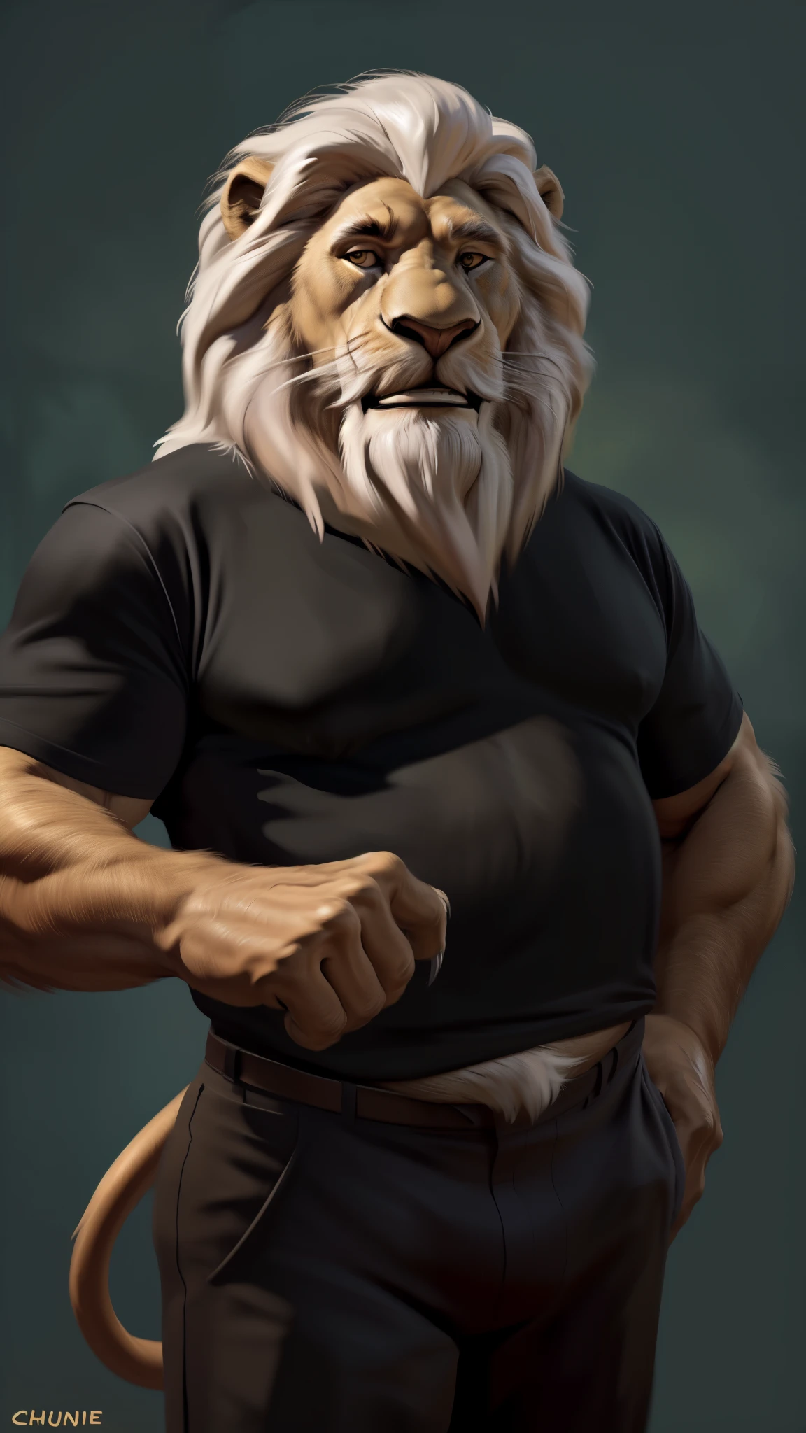 by chunie by catsudon by retros, male,ridiculuous,((mature,mature male)),((Bearded)),((Mustache)), felid, solo, ((Lion,tail)),(white hair), facial hair, facing viewer, ((Highly detailed face)), (((Grandpa Figure))), ((smilling)), red and orange abstract background, ((black shirt)),((short pants)), smile, ((((wise)))),((DILF)),
